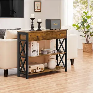 Yaheetech Vintage Wooden Console Table Outlet Sofa Table with 1 Drawer, 2 Open Shelves Versatile Entryway Table, Console Table with 2 Outlets and 2 USB Ports for Home, Living Room