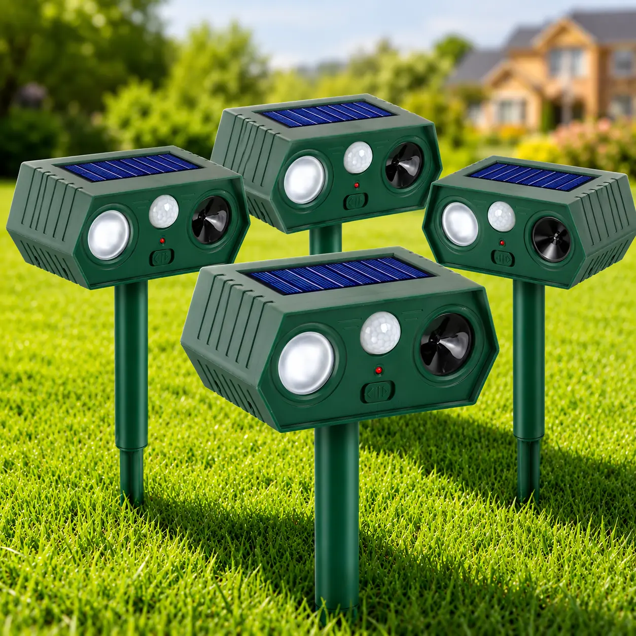 Eco-Friendly Solar Animal Repellent: 4-Pack Ultrasonic + LED Flash Pest Deterrent for Outdoor Rodents, Deer & Squirrels – Smart IR Sensing & All-Weather Durability solar ultrasonic animal repeller light repellent