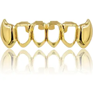 14K Gold-Plated Open-Face Vampire Teeth Grillz, Brass Base Silicone Teeth Cover, Cold Water Clean Attention Grabber for Hip Hop Rapper Cosplay (2 Extra Molding Bars)