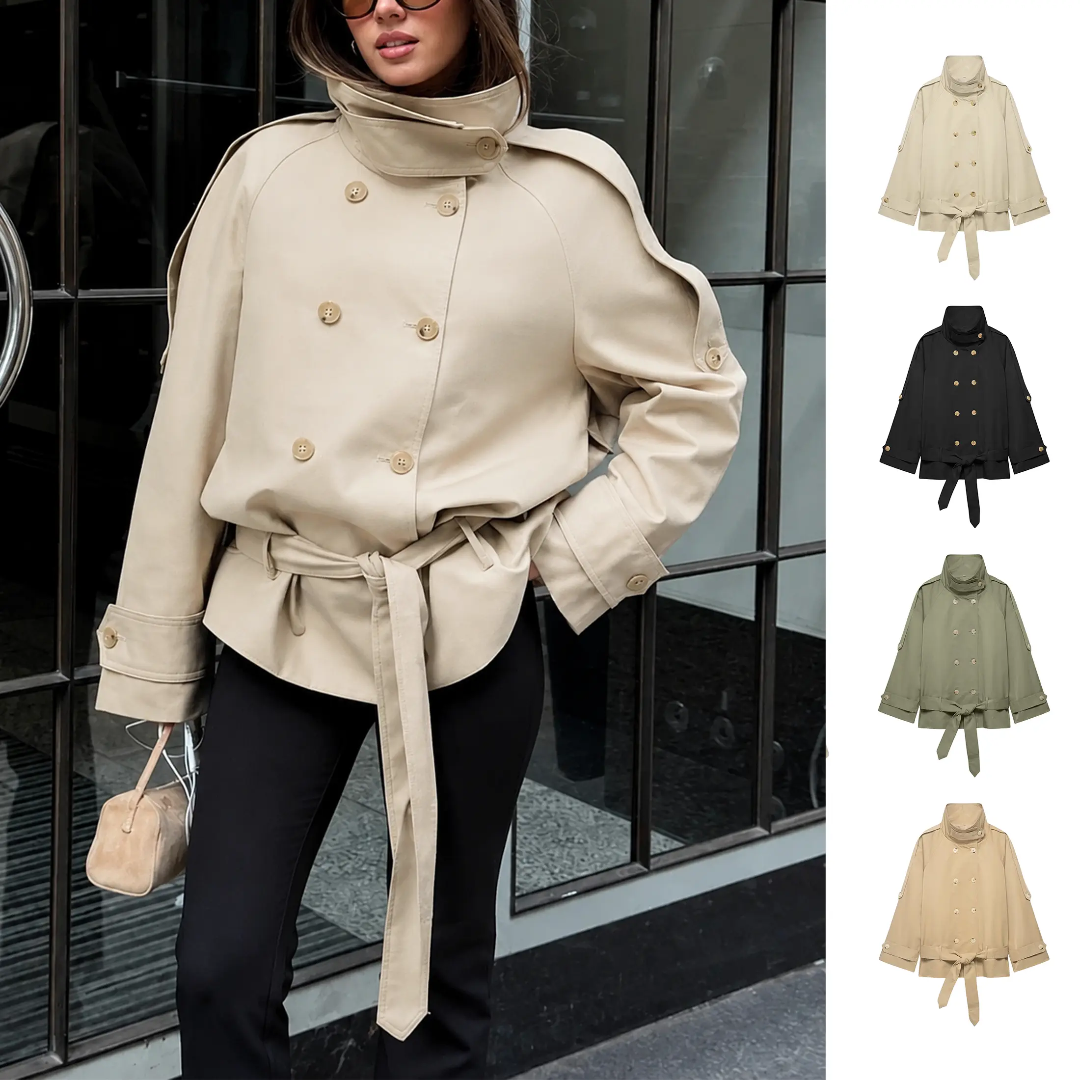 Buenoble Women Oversized Cropped Trench Coat Funnel Stand Collar Double Breasted Belted Short Windbreaker 2026 Trendy Spring Fall Outerwear Multiple Colors