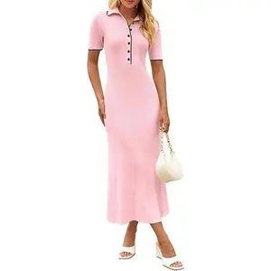 MEROKEETY Women's V Neck Ribbed Knit Maxi Dress Button Short Sleeve Slim Fit Bodycon Sweater Dress