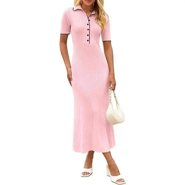 MEROKEETY Women's V Neck Ribbed Knit Maxi Dress Button Short Sleeve Slim Fit Bodycon Sweater Dress