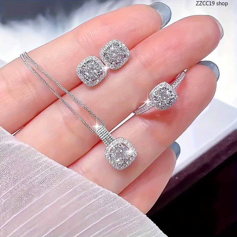 Elegant 3-Piece Halo Jewelry Set, Cushion-Cut Cubic Zirconia Necklace, Earrings, and Ring for Women, Bridal & Evening Gown Accessories