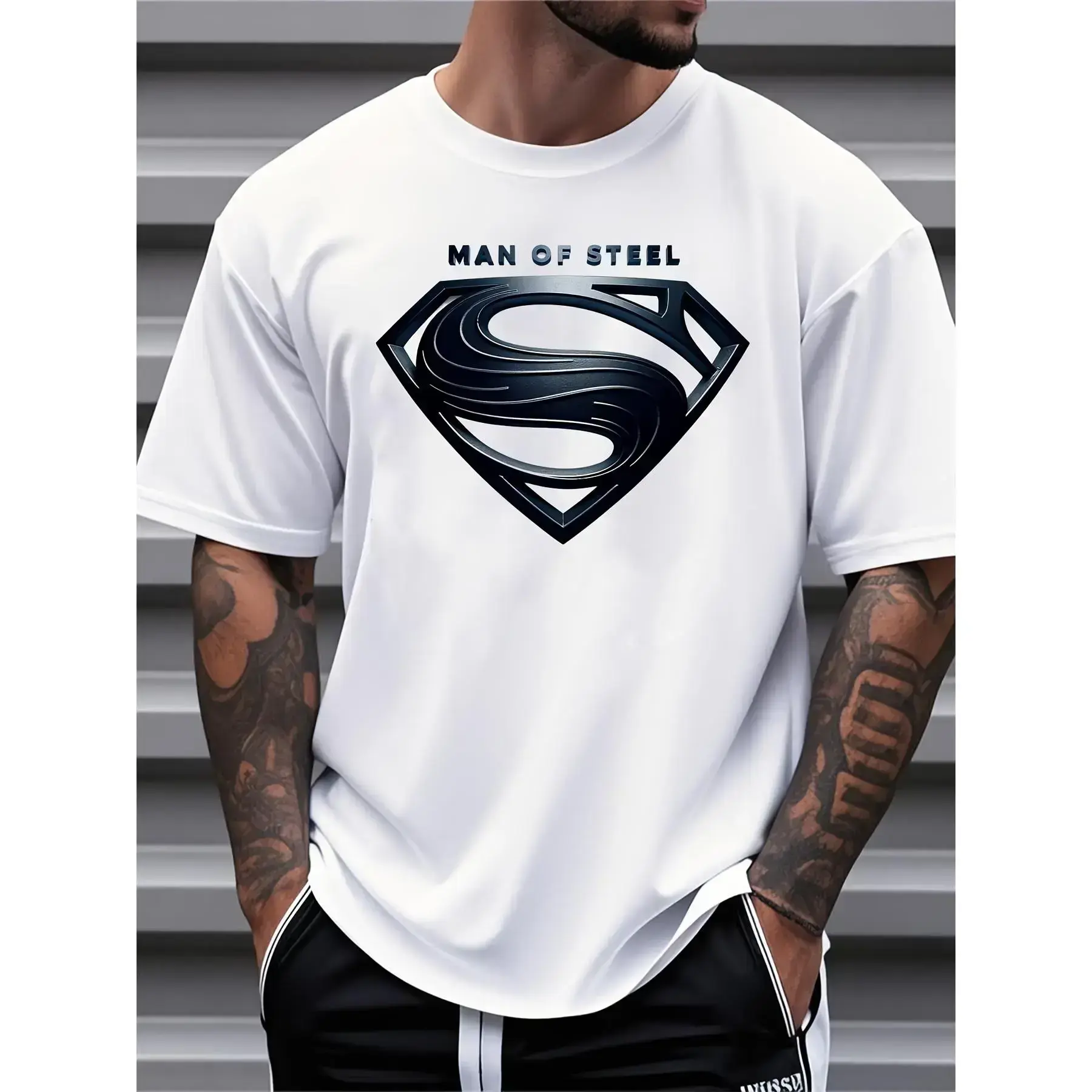 Justice League Men'S Plus Size Casual Crew Neck T-Shirt Man of Steel Graphic Print Short Sleeve Ideal for Spring/Summer Everyday Tshirt | Playful Text Design | Comfortable Fit SIZE Plus Size M-5XL