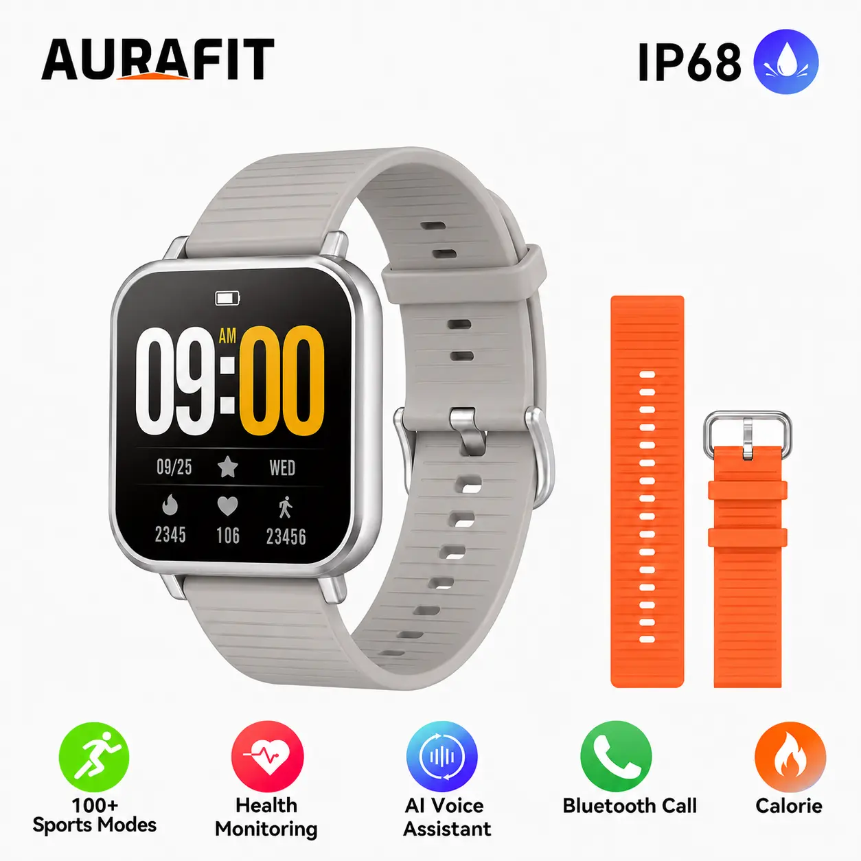 AURAFIT A8 PLUS Ultra Smart Watch | 1-Second Fast Pairing, Instant IG Message Reply, Bluetooth Calling, IP68 Waterproof, Wireless Charging, Heart Rate & Sleep Monitor, Multi-Sport Modes, Step & Calorie Tracker