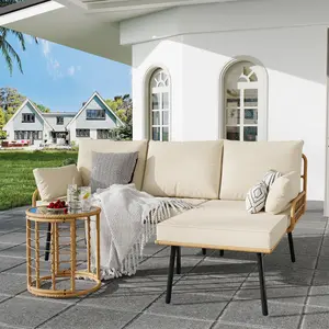 【Christmas Gift】3 Piece Rattan Patio Furniture Set, Outdoor Wicker Sectional L-Shaped Sofa with Cushion and Coffee Table, All Weather Conversation Set for Deck, Poolside, or Backyard