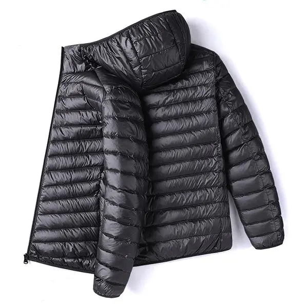 Men’s glossy hooded portable quilted cotton jacket, lightweight padded zip-up warm outerwear, minimalist casual windproof cotton coat, suitable for commuting to work, outdoor activities, and everyday casual wear