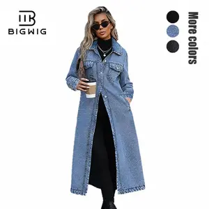 BIGWIG Women's Long Denim Jacket, Spring/Autumn Outerwear, Stylish Casual Top, Elegant Bohemian Style, Button-front Closure, Long Sleeves, Urban Fashion Denim Trench Coat, Lightweight Jacket