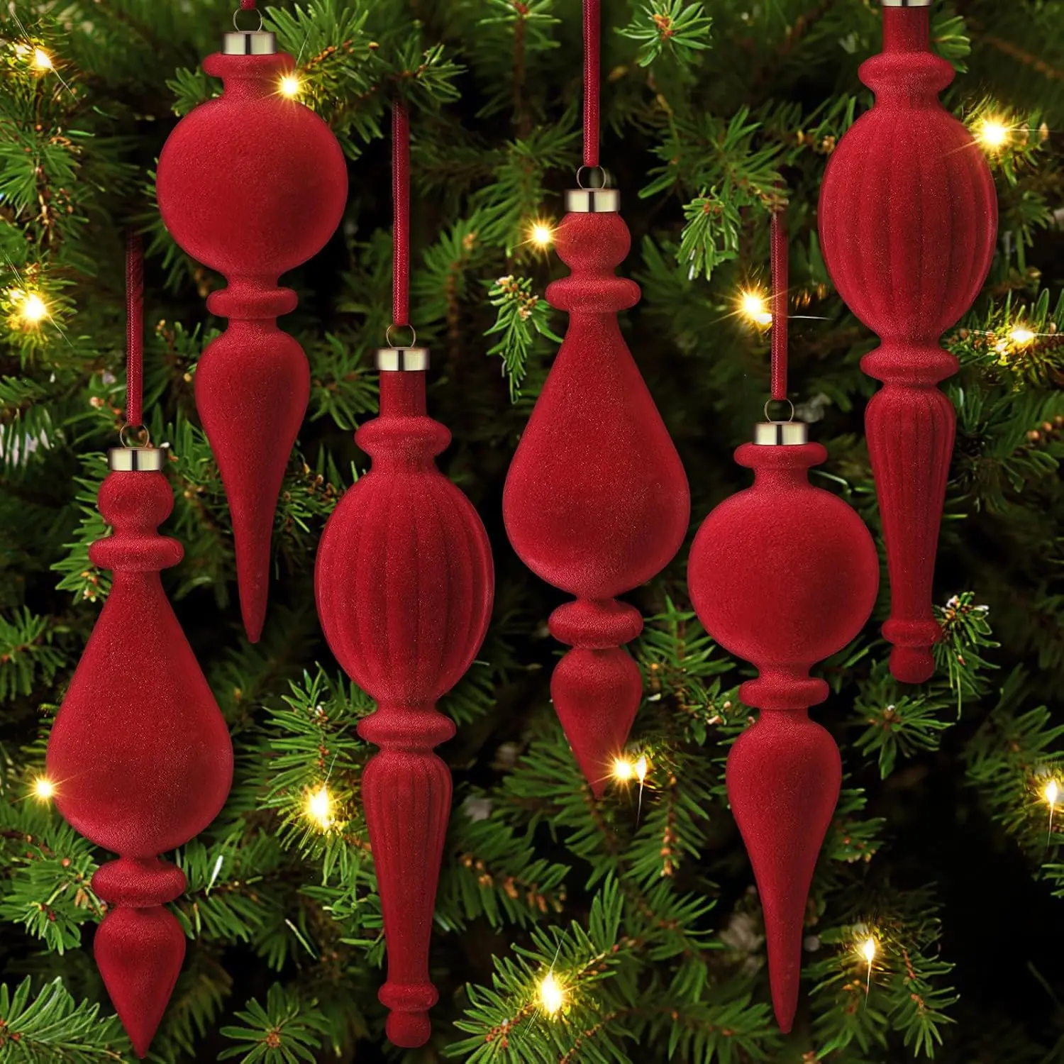 6/8/12 Pcs Christmas Velvet Finial Ornaments with Velvet Softness, Elegant Plastic Flocked Christmas Tree Hanging Decorations Set, Vintage Home Party Decor for Xmas Holiday Festive