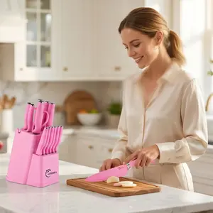 15-in-1 Kitchen Cutlery Set Stainless Steel Knives with Scissors Pink Storage Rack Built-in Sharpener for Kitchen