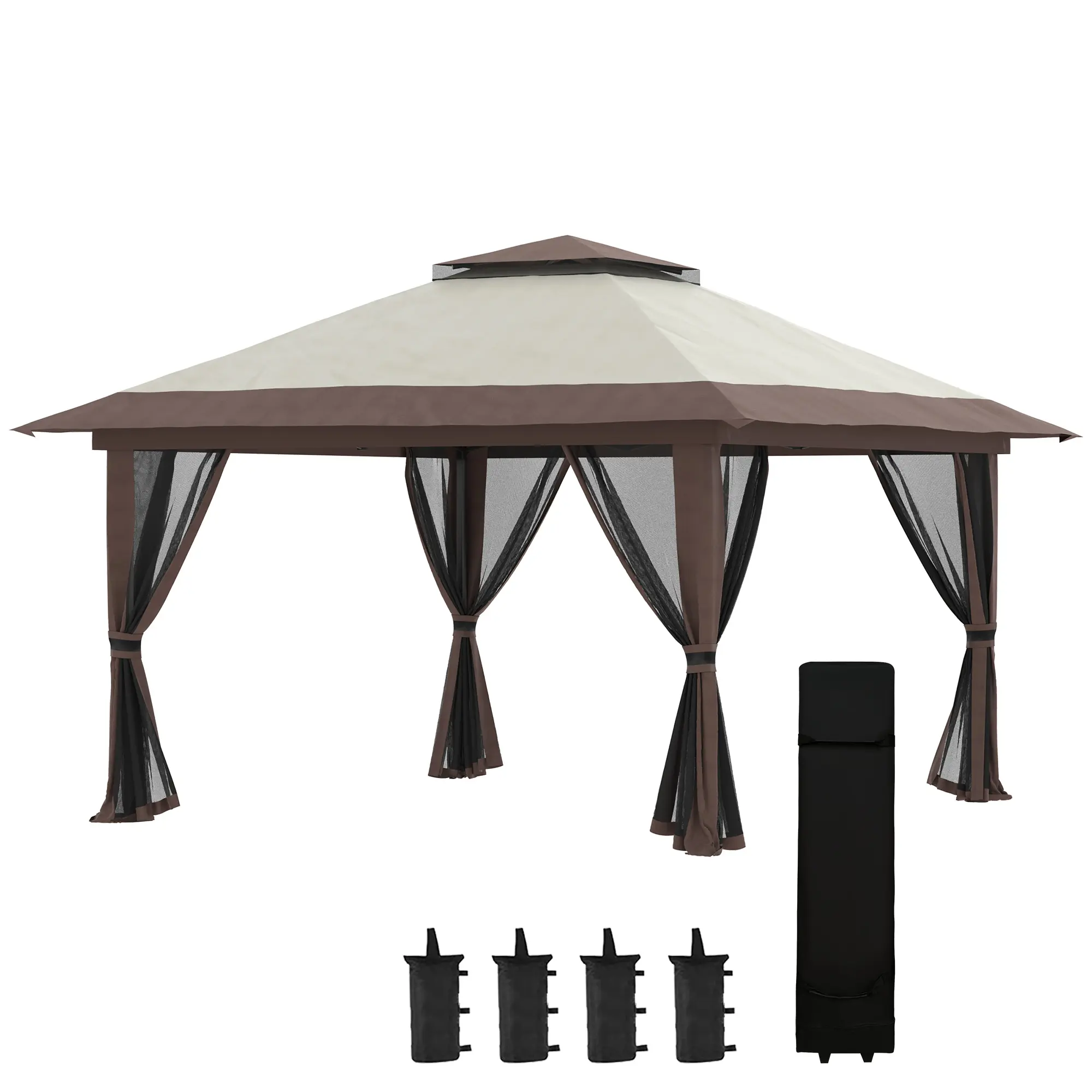 Outsunny 13'x13' Sturdy Portable Pop Up Gazebo Canopy Tent - Black Frame, Double Roof Polyester Outdoor Patio Shelter with UPF 50+ Sun Protection, Netting, Water/Sand Bags, Wheeled Carry Bag, Beige for Garden Parties, Alloy Steel