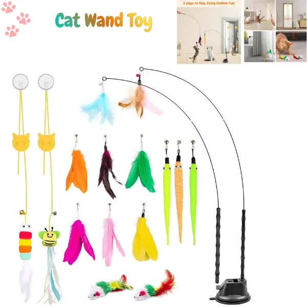 15PCS Interactive Cat Wand Toy Set | Cat Feather Teaser with Suction Cup, 2 Play Modes & Refillable Wand for Indoor Cats & Kittens | Self Play, Exercise, Hunting & Boredom Relief