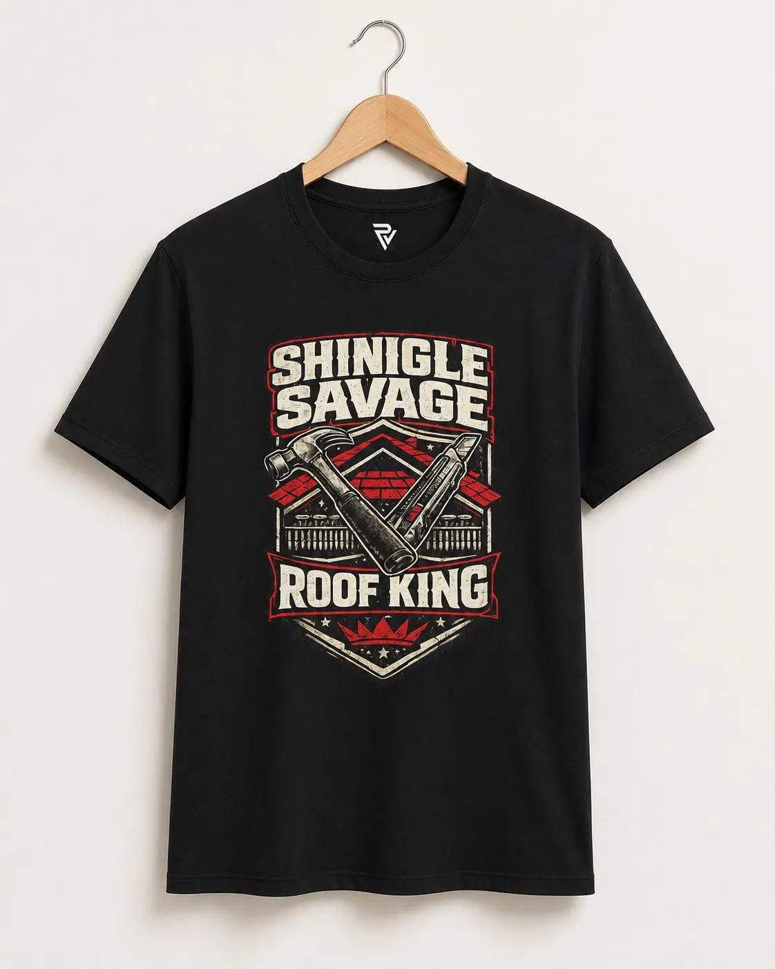 Psyche Visuals Men's Shingle Savage Roof King T-Shirt - Funny Roofing Work Graphic Tee Badge Day