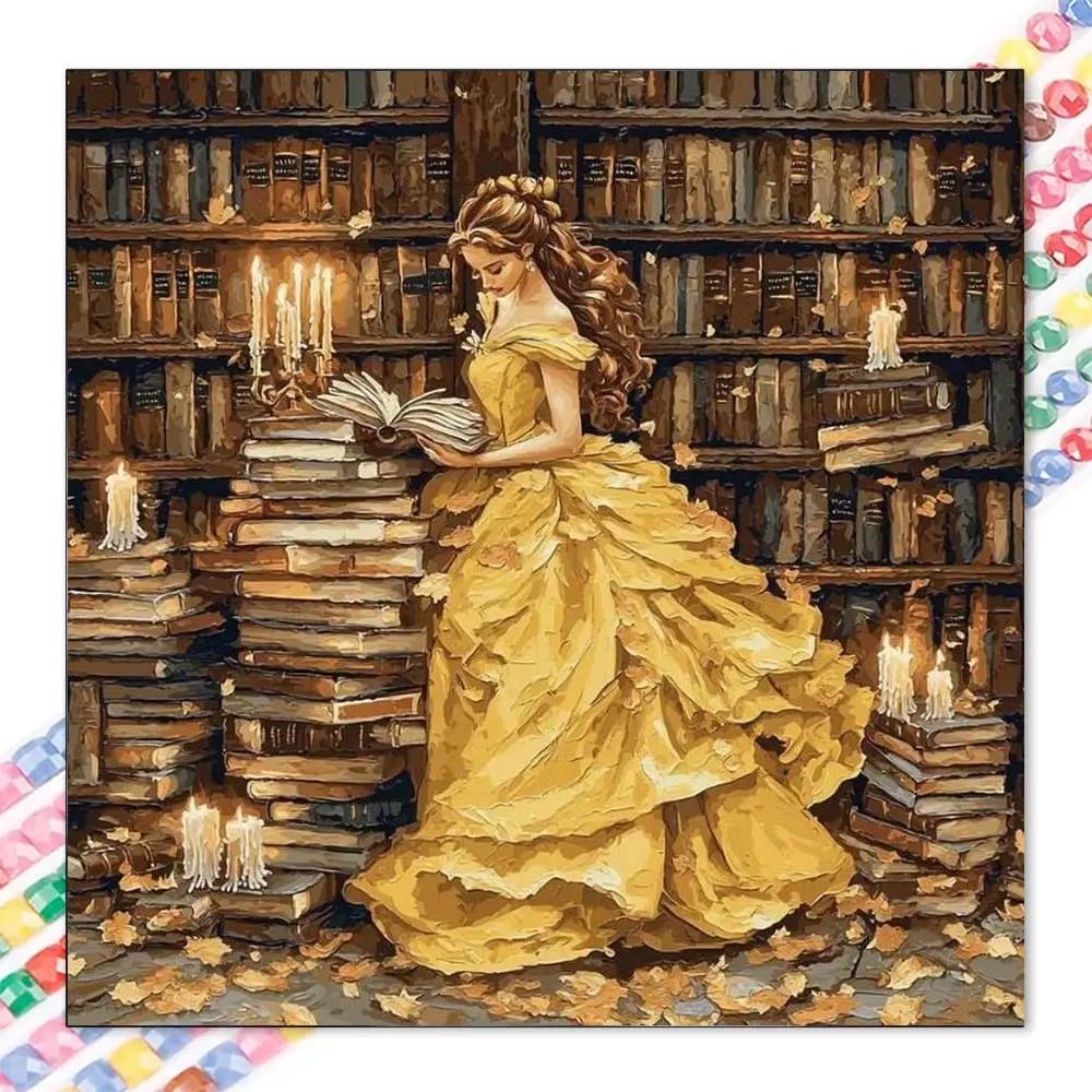 1pcs 5D DIY handmade diamond painting kit, 5D diamond art kit, DIY decor, books, candlelight, long dress diamond painting kit full round drill DIY, mosaic, diamond art, DIY art home decor, suitable for Halloween and Christmas.