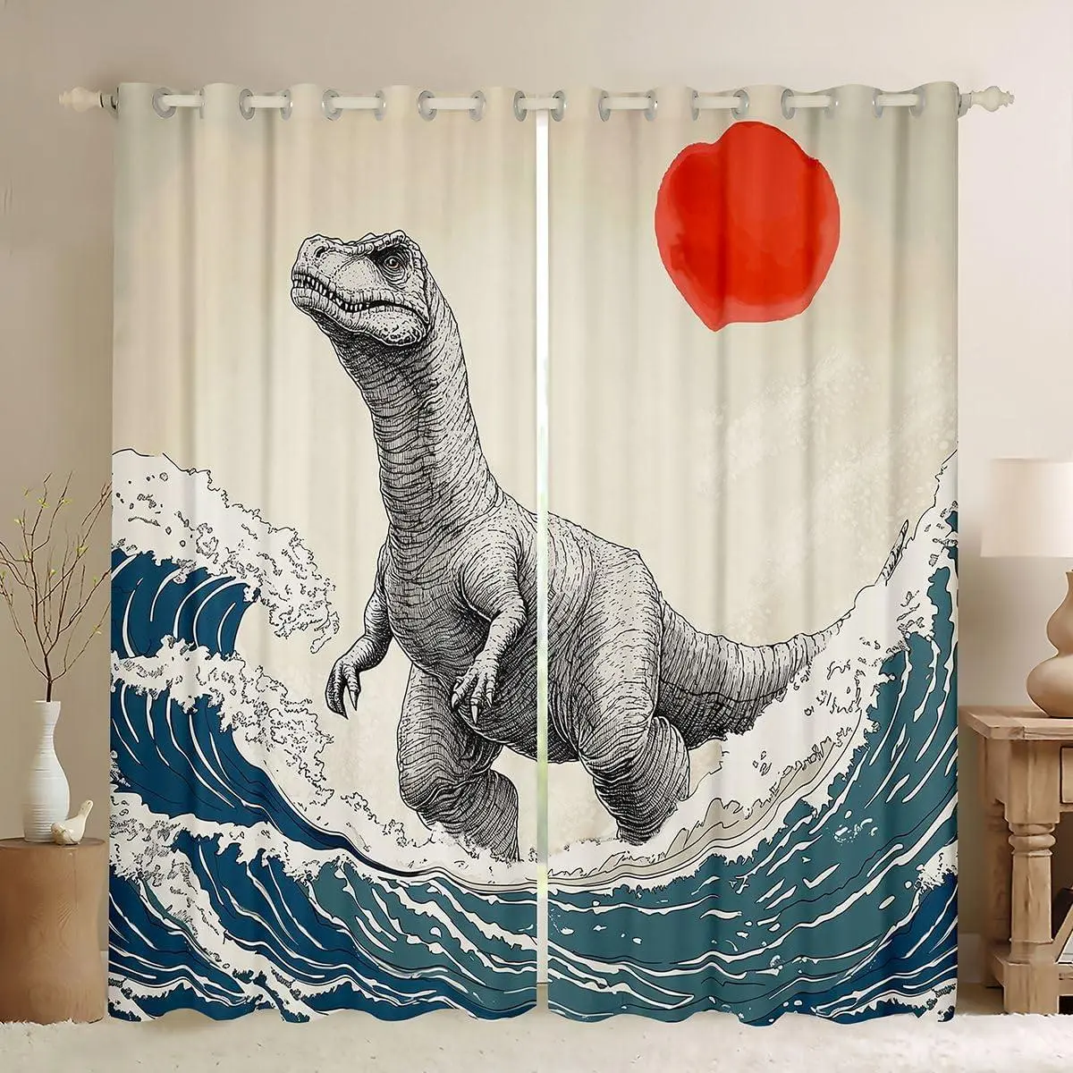 Dinosaur Monster Window Curtains for Bedroom Living Room Japanese Ukiyoe Theme Curtains Blackout Cool Animal Window Drapes Asian Anime Window Treatments ,2 Panels