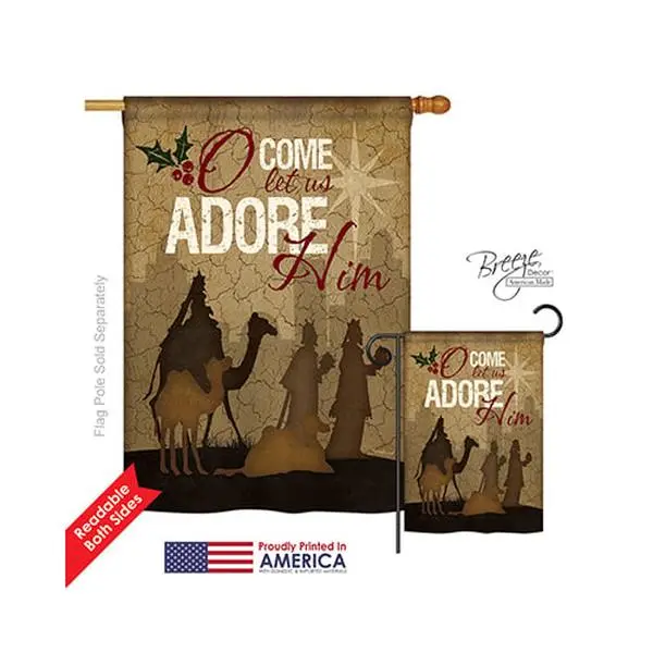 Breeze Decor 14111 Pro Guard Eco-Friendly Nativity "Let Us Adore Him" Double-Sided Vertical Impression Hanging House Flag, 28x40 in - Festive Home Decoration Banner