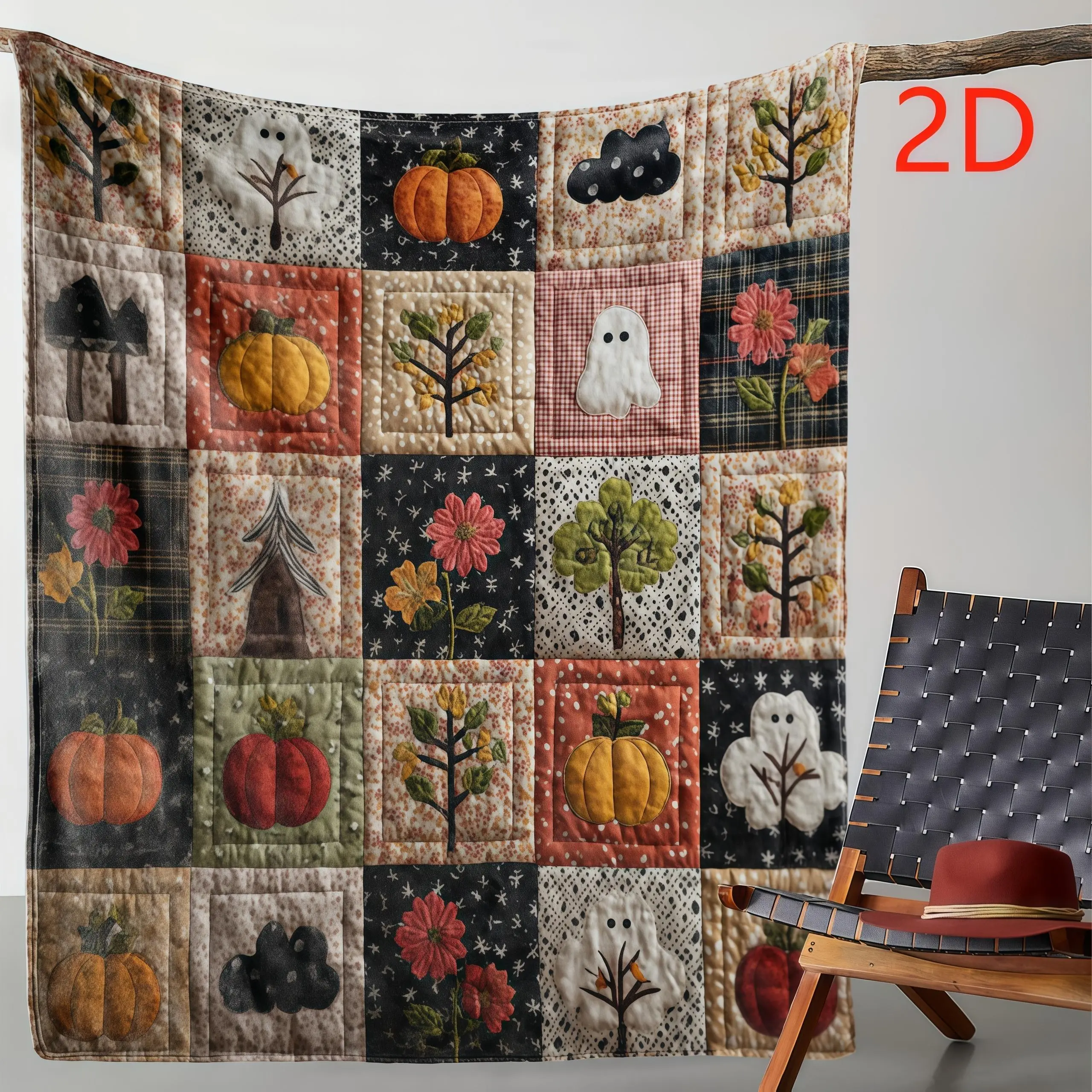 Ghost Pumpkin Floral Tree Mushroom Patchwork Flannel Throw Blanket, Cottagecore Autumn Art for Harvest Bedrooms and Halloween Lounges, Soft Sofa Accent for Couch Naps & Birthday Holiday Gift for Fall Home Decor Lovers