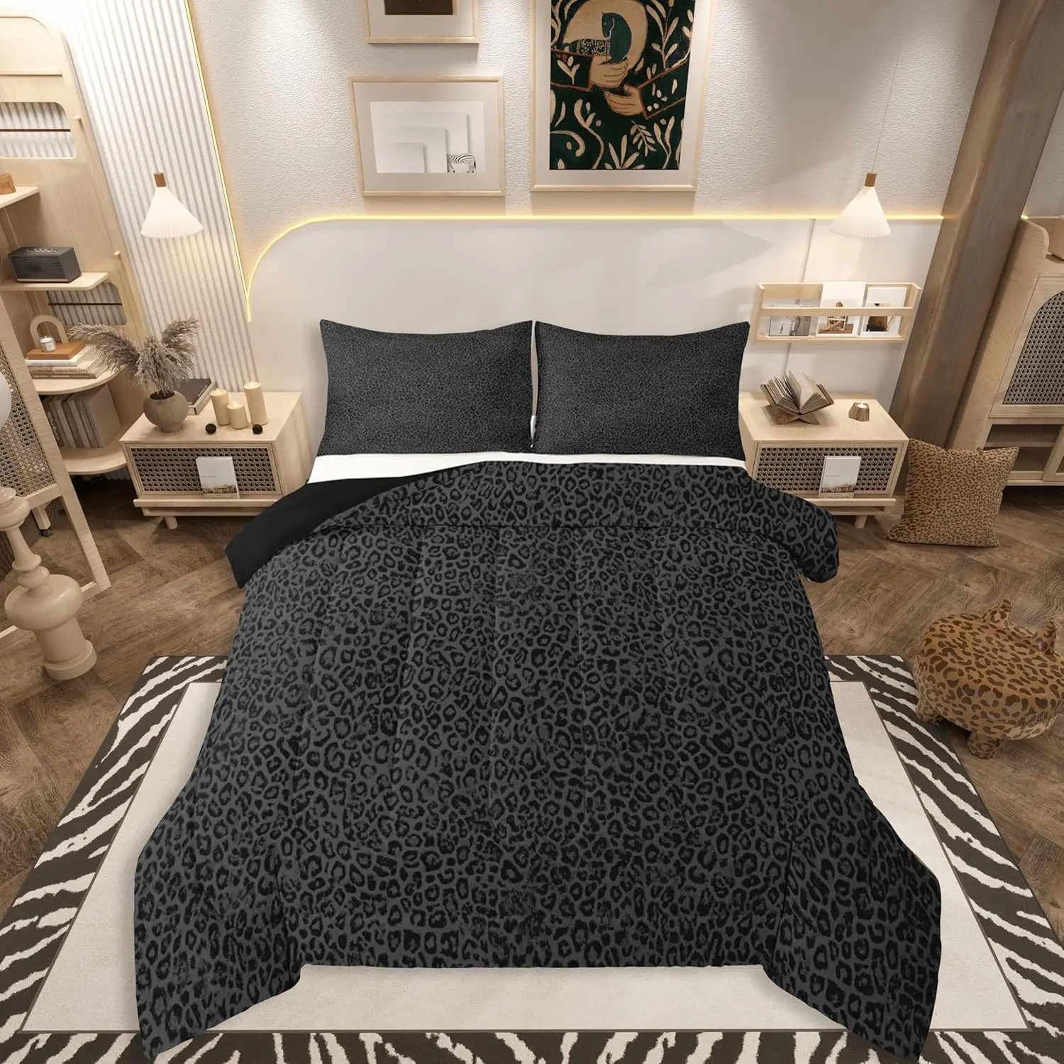 Black Leopard Print Comforter Set Cheetah Print Bedding Set Modern Art Duvet Quilt Bedroom Safari Decor Microfiber Breathable Ultra Soft