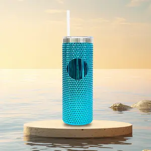 1PC USA Warehouse 23oz Bling Durian Studded Stainless Steel Tumbler with Plastic Straw Ideal for DIY Customization, Iced Coffee, and Water Bottles Drinkware