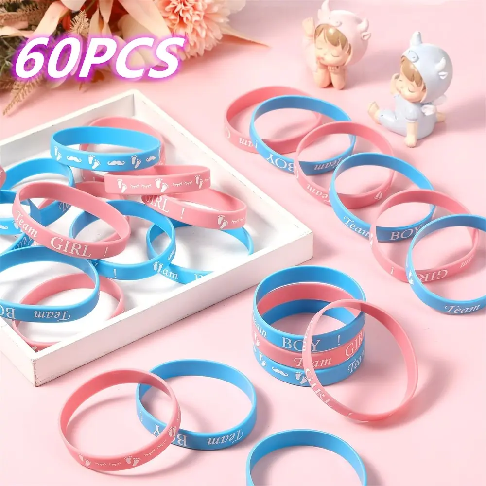 60Pcs Blue Pink Silicone Material Bracelets Team Boy Team Girl Wristbands Gender Reveal Party Favors Supplies Decor Decorative Use Bracelet Set Matching Bracelets