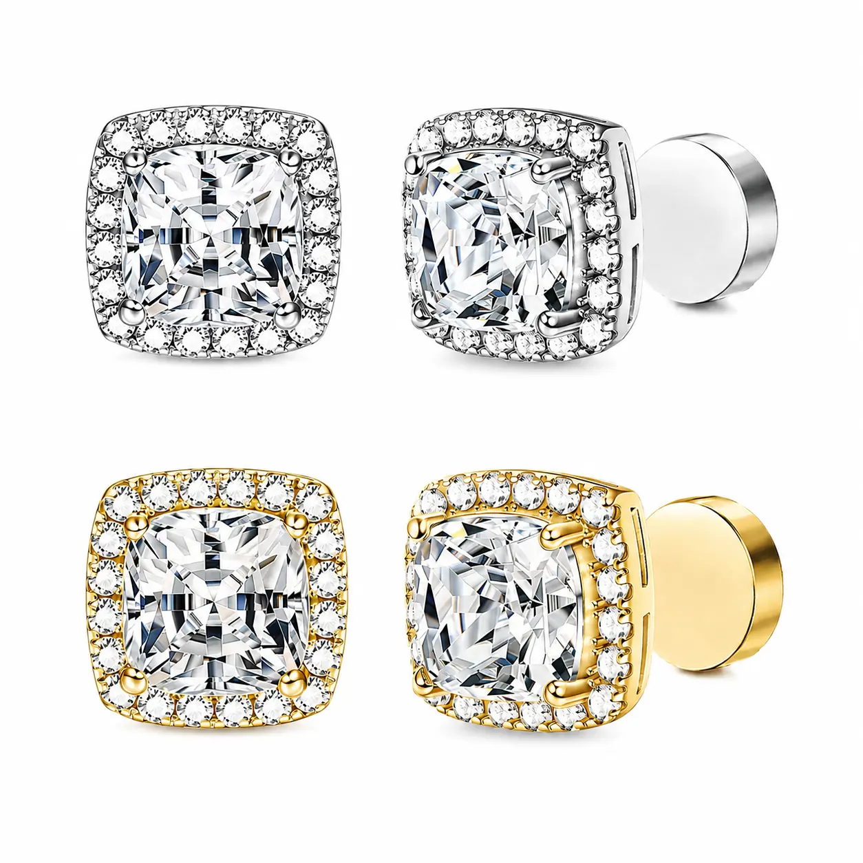 Unisex No Ear Piercing Magnetic Stud Earrings 14k Real Gold Plated Earrings for Women Hip Hop AAAAA + Cubic Zirconia Earrings for Men