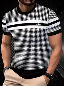Men's Casual Fitted Short Sleeve T-Shirt, Checkered Print, Breathable Knitted Fabric, Round Neck, Street Style