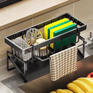 Multifunctional Black Stainless Steel Kitchen Sink Caddy with Dish Cloth Hanger and Removable Drain Tray Thickened Sturdy Rustproof Sink Organizer for Sponge Brush Dish Soap Bottles Space Saving Kitchen Storage for Home RV Apartment, Kitchen Sink Rack