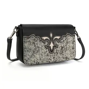 Trinity Ranch Western Cowhide Crossbody Shoulder Purse for Women with Fleur-de-Lis Embroidery and Scarf  Authentic Western Look