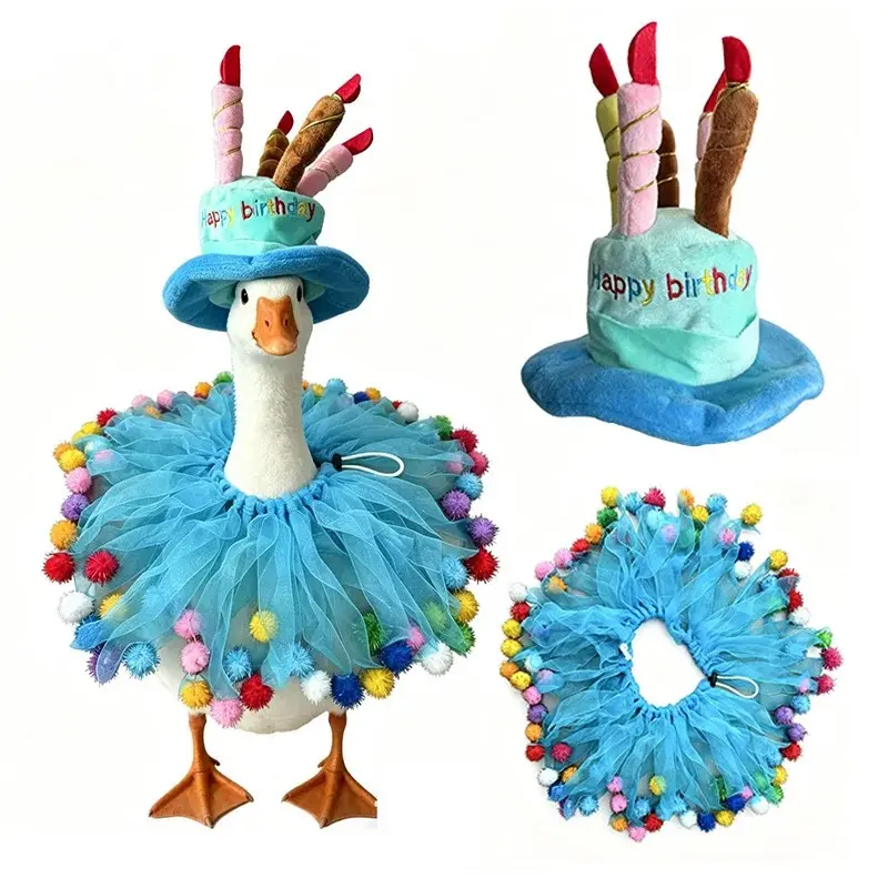 Happy Birthday Porch Goose Outfit Lawn Goose Clothes Hat and Tutu Collar Goose Outfits for 23" Cement/Plastic Porch Goose