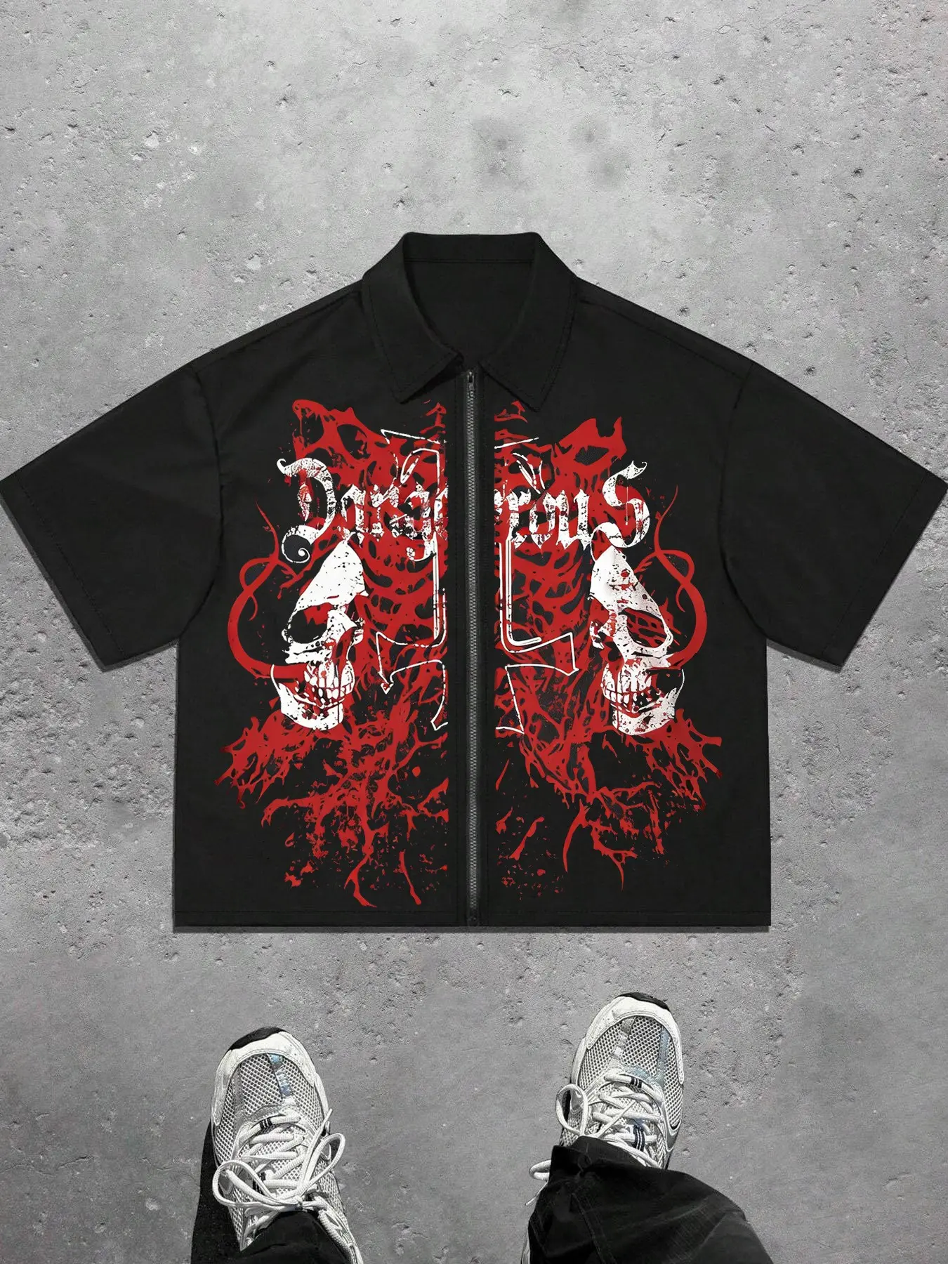 Unisex design. Summer dark-themed Gothic-style short zip-up shirt with a red skull print. Stylish and trendy, perfect for casual wear, Gothic streetwear, suitable for campus, Gothic, hip-hop, street, and party gatherings.