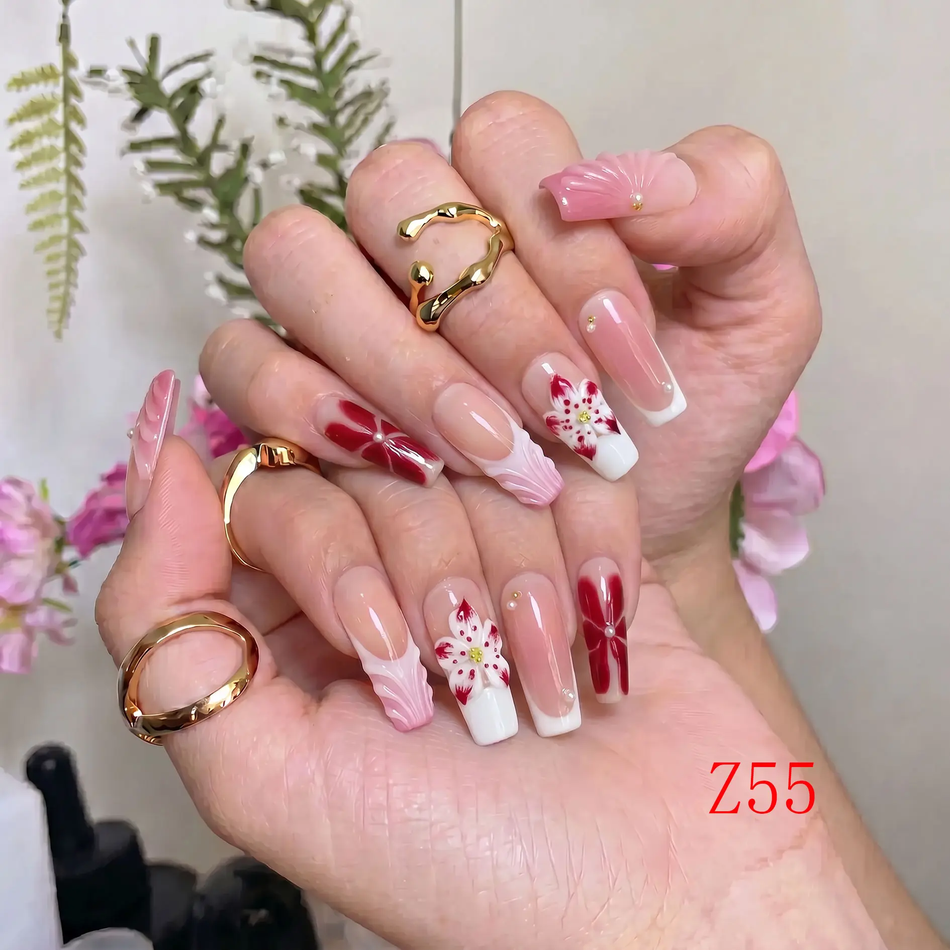NailBeeBee Z55 Handmade Press-On Nails Beauty Products - 10 Pcs Reusable Acrylic Kit, 1.3 Inch Medium Square French Tips, Glamorous 3D Floral-Shell Ripple Design, Easy DIY Salon Manicure Nail Hacks, Press On Nail
