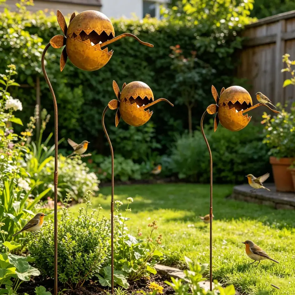 Rusty Metal Carnivorous Plant Garden Stakes - Funny Piranha Monster Flower Sculptures, Weatherproof Outdoor Flowerbed Patio Ornaments, Whimsical Home Improvement Garden Decor Supplies