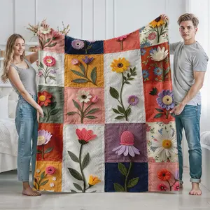Floral Patchwork Quilt Blanket with Embroidered Wildflowers Pattern for Cozy Living Room and Bedroom Use  Perfect Gift Idea for Mother's Day  Christmas  Housewarming  Spring Decor Enthusiasts  Nature Lovers  and He Reversible Patchwork Quilts