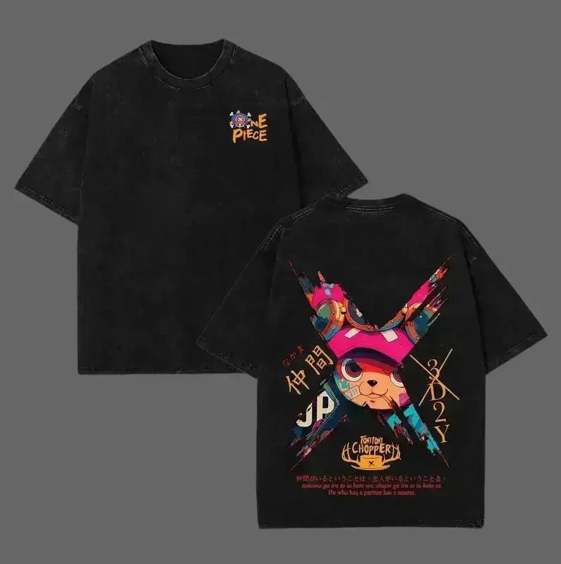 Men's Unisex Tony Chopper 1 Piece Vintage Washed 90s Short-Sleeve T-Shirt - Baggy, Drape, Breathable Premium Soft Cotton Vibe Tee, Y2K Japanese Anime Graphic Gift for Fans, Ideal for Daily, Gym Use