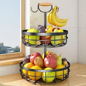 2-Tier Fruit Basket Bowl Vegetable Storage with Dual Banana Tree Hanger and  Lift Handle, Kitchen Countertop Metal Wire Basket for Bread Onions Potatoes (Black, 2 Tier)