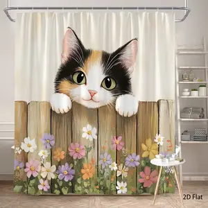 [Quick Arrival] Adorable tabby cat patterned shower curtain set, perfect for bathroom décor, made of durable polyester, available in multiple sizes, easy to care for, machine washable, comes with shower curtain hooks