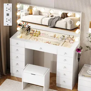 VOWNER Lighted Makeup Dresser - 46" Tempered Glass Transparent Top Vanity Cabinet, 11 Drawers, 3 Color-Adjustable Brightness Modes, Soft Cushioned Stool, Easy Setup Large Vanity for Bedroom, White