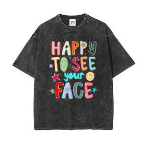 LeoMiles Unisex "Happy To See Your Face" Colorful Smiley Art Pattern Washed Vintage T-Shirt - Wash Cotton Retro Streetwear Aesthetic