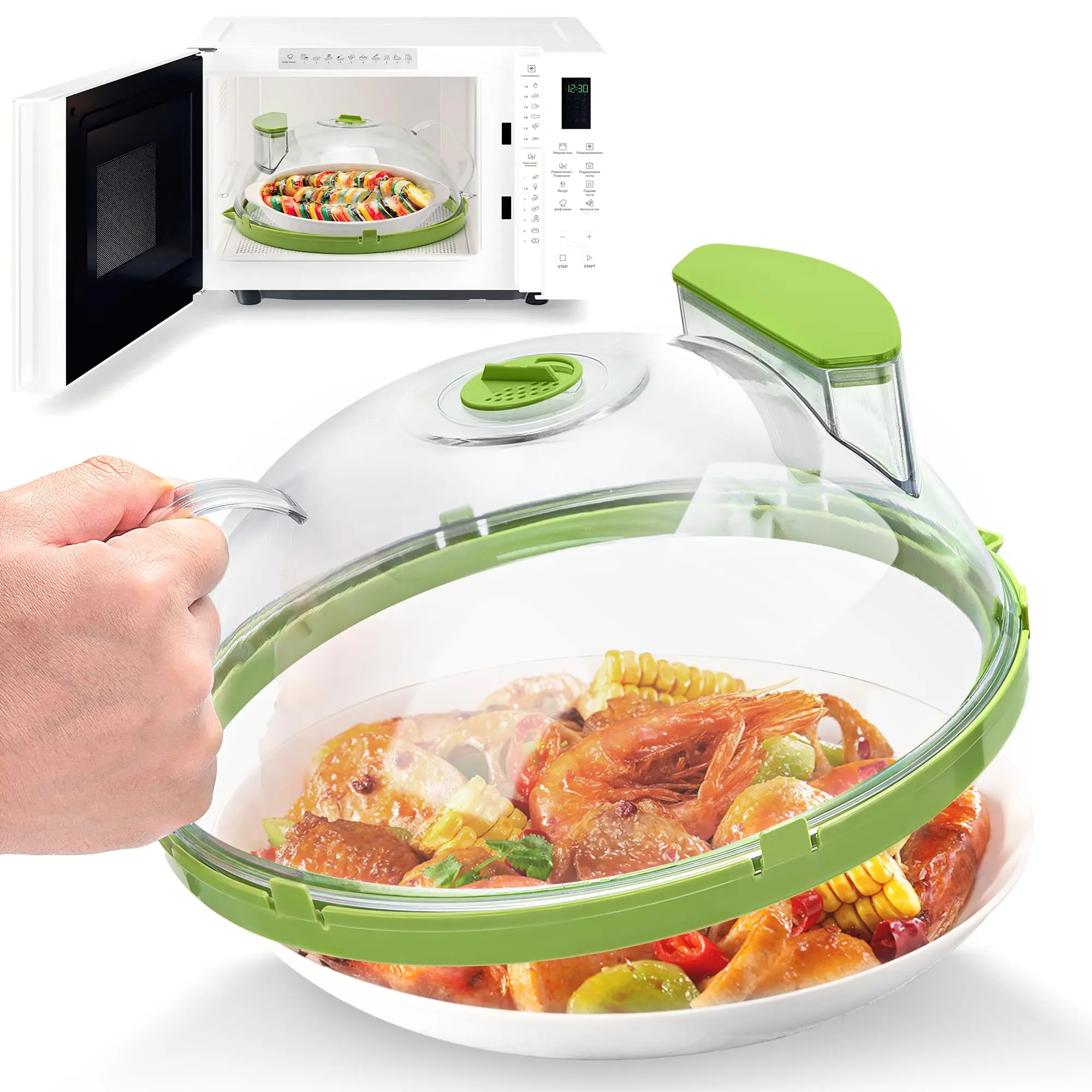 UFORU Microwave Splatter Cover with Water Steamer, 10 inch Clear Microwave Plate Cover Lid for Food, Kitchen Gadgets Accessories for Microwave Oven Kitchenware Utensils