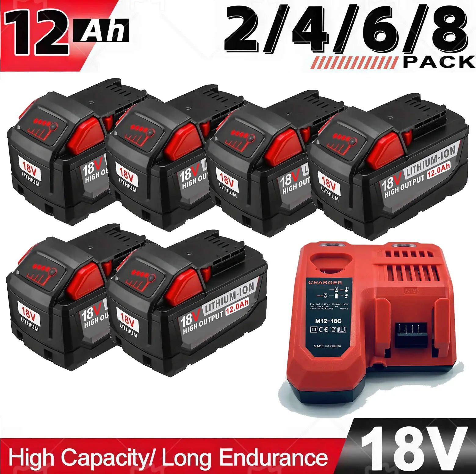 M18 6Pack 12Ah 18V and 1Pack 3A quick charger Replacement Battery for milwaukee Replacing batteries with electric tools M-18 Battery Pack Compatible 48-11-1890,48-11-1850, 48-11-1828, Cordless Tools milwaukee battery