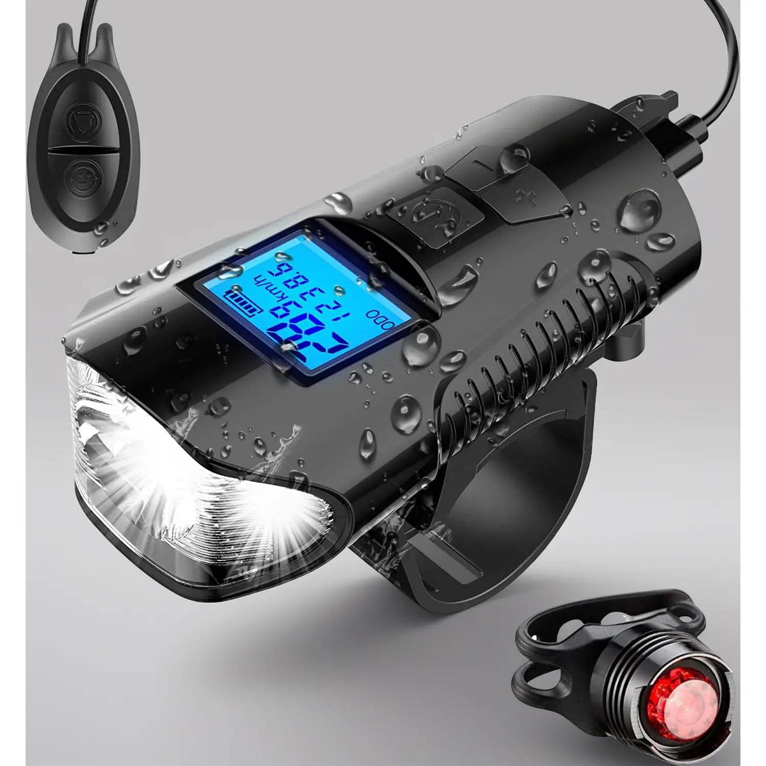 Cycling 3-in-1 Adult Bike Computer Set for Adults, USB-Rechargeable IP65 Water Resistant Speed/Odometer, LED Lights, Horn for Safe Day-Night Cycling, Bikes