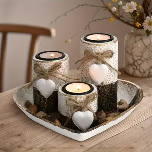 Wooden Heart Candlestick Set, Complete Wooden Heart Candle Holder with Tea Light Stand, Vintage Candle Stand, Cute Rope Bow Decor, Perfect for Home Decoration
