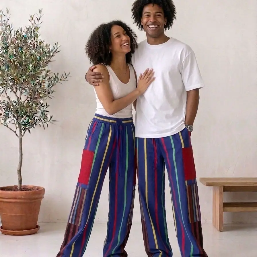 Men's Traditional Aso Oke Fabric Cargo Pants - Medium Grade Ankara, Casual Cultural Menswear Bottoms, Stripe