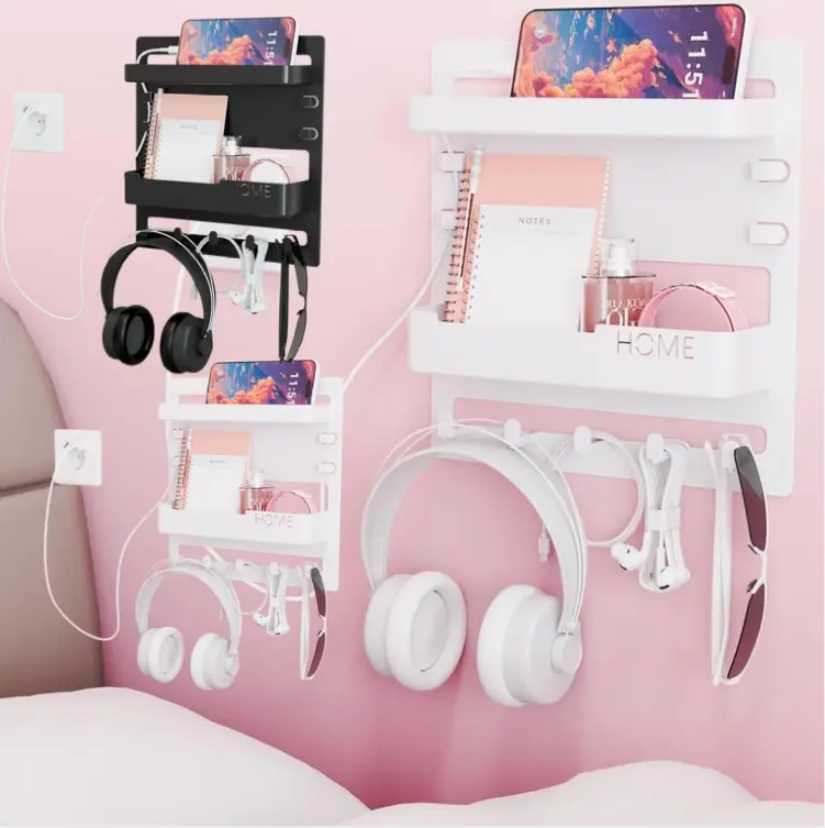 Bedroom Decor Bedside Wall Organizer White Dorm RV Small Room Phone Remote Shelf with Headphone Hook and Storage Slots for Efficient Organization, Home Accessory, House Decor, Wall Decor