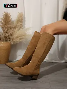 Women's Fashionable Solid Color Zipper Knee Boots, Casual Comfortable Boots for Fall & Winter, Female All-match Trendy Shoes for Daily Wear