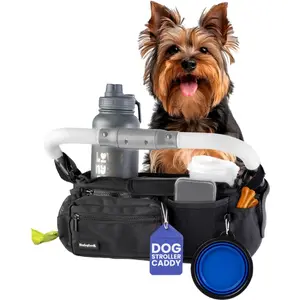 Rubyloo Dog Stroller Caddy Organizer with Poop Bag Dispenser, Treat Pocket, Water Bowl, Insulated Cup Holders, Non-Slip Straps for 14-19 Handlebars