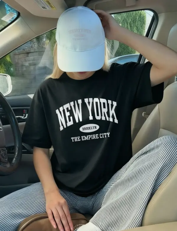 New York Lover Women’s Summer Oversize Cotton Tee Retro College Font Brooklyn The Empire City Text Print For City Travel Urban Casual Outfits Soft Breathable Heat Transfer Loose Fit
