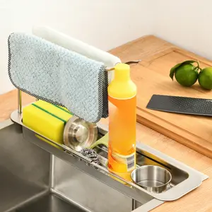 Kitchen Sink Caddy with Towel Rack Adjustable Length Silver Black Finish Dishcloth Holder Cleaning Supplies Organizer Built in Debris Filter Utensils Reusable Utensils
