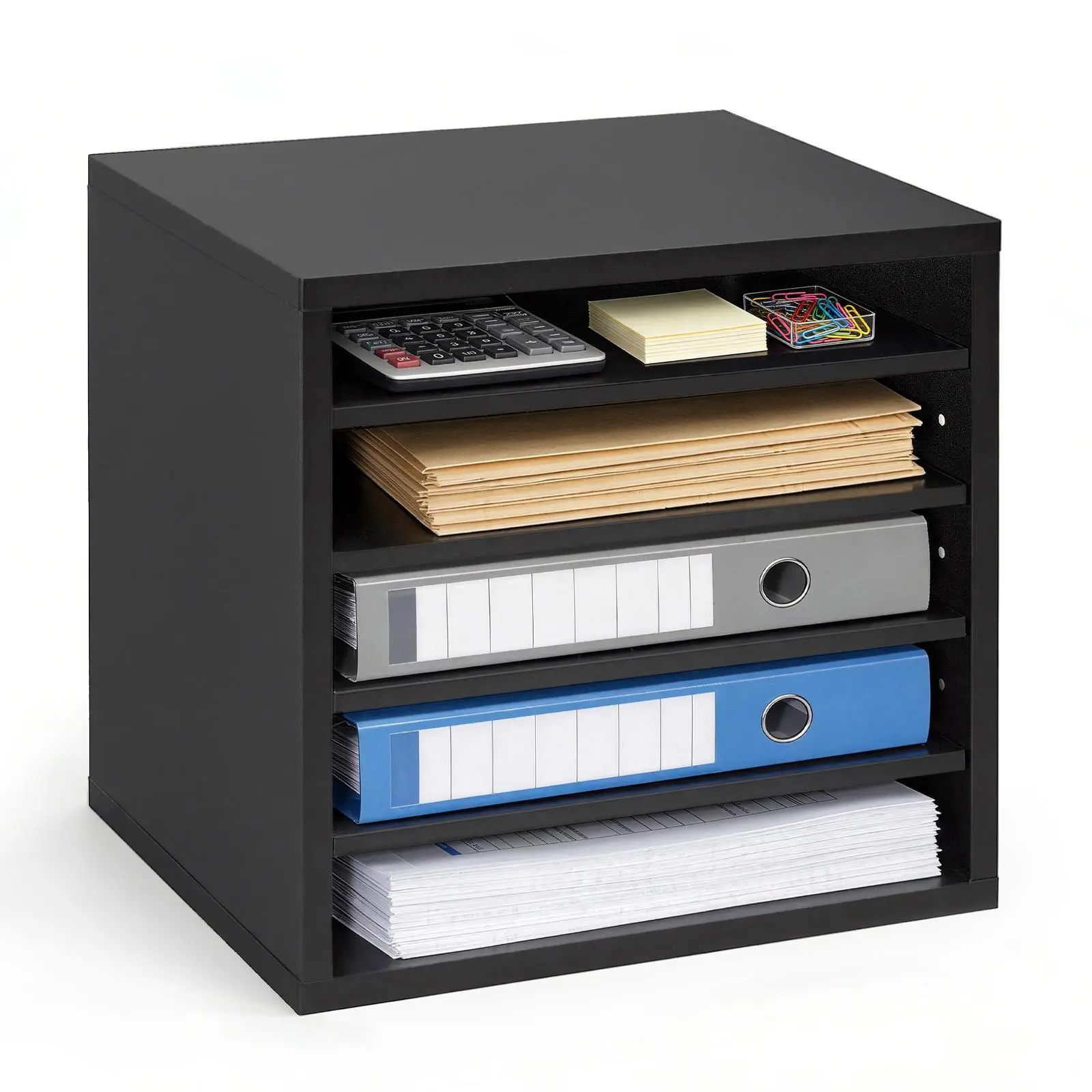 VEVOR 5-Compartment Wooden Literature Organizer with Adjustable Shelves, MDF Office Mailbox Sorter, Countertop Storage for Files/Documents/Papers, Clutter-Free Holder Multi-Box Organizational Stationary File Racks (Black), Clutter-Free File Racks