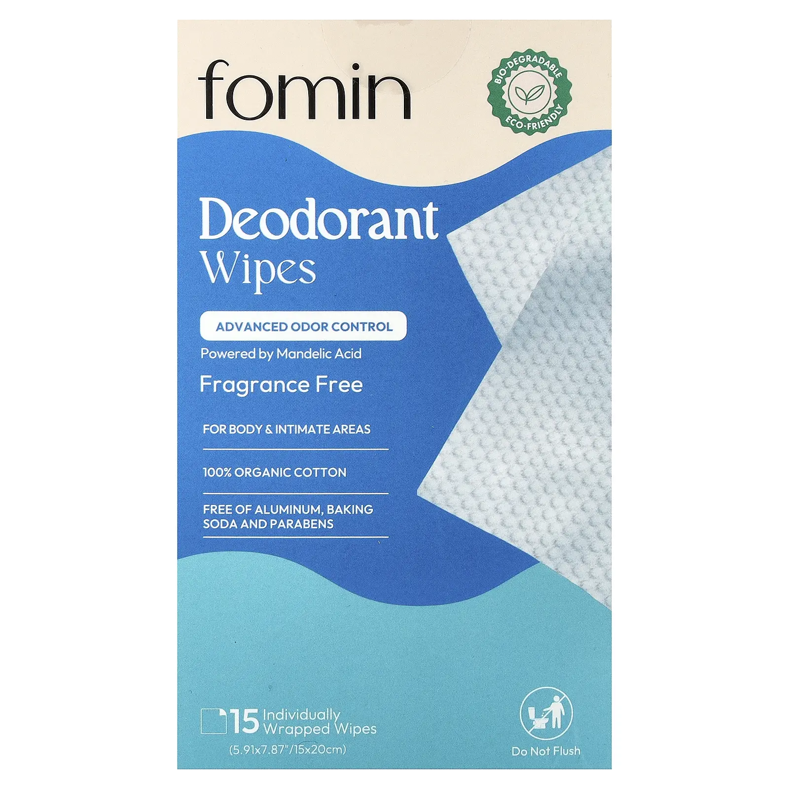 fomin Deodorant Wipes, Fragrance Free, 15 Individually Wrapped Wipes
